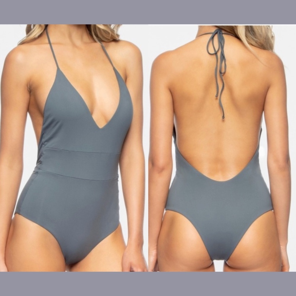 NEW Tavik [ Small ] Chase Deep‎ V-Neck One-Piece Swimsuit in Turbulence Grey